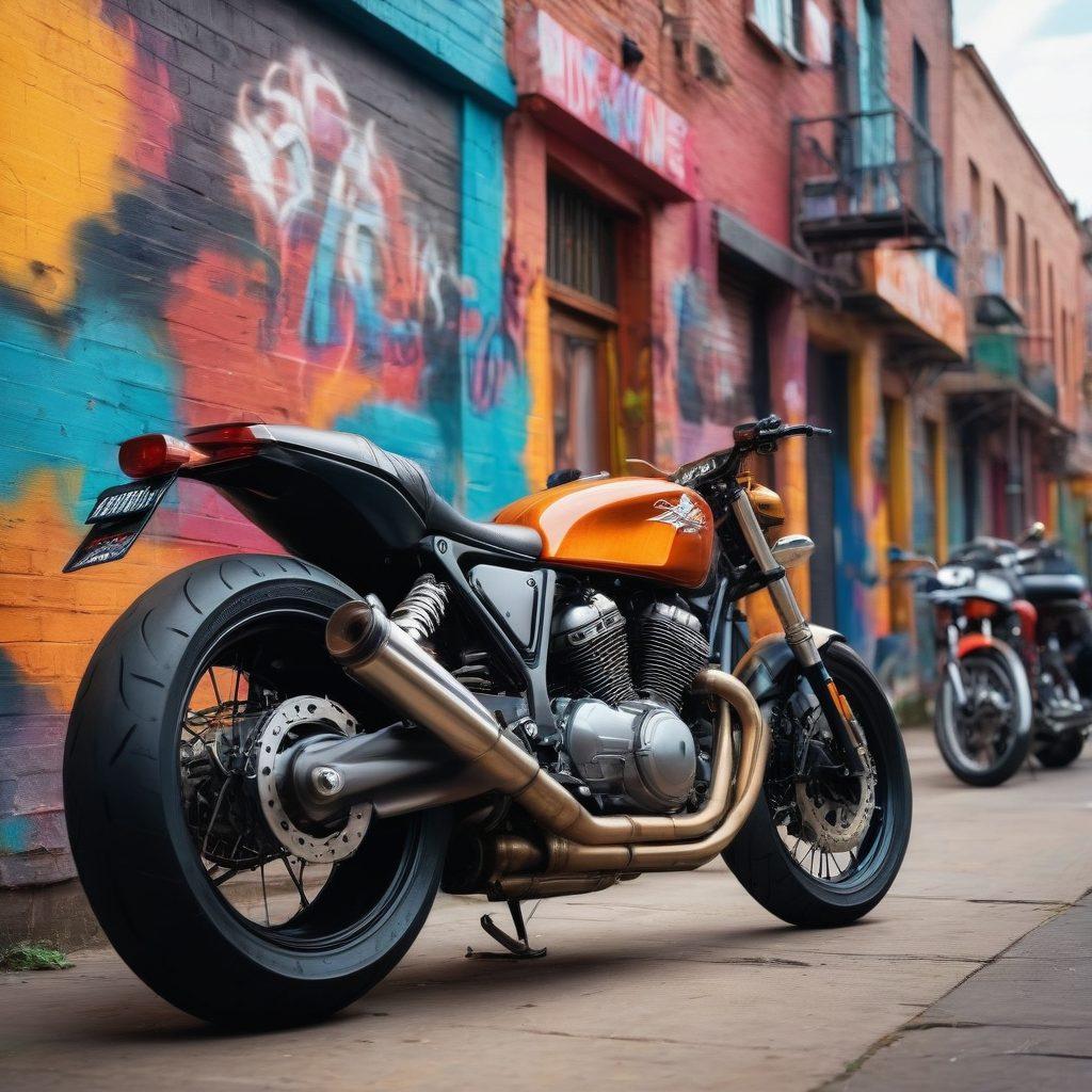 A sleek motorcycle parked against an urban backdrop, surrounded by a vibrant scene of motorcycle enthusiasts engaged in style and maintenance activities. The image showcases diverse riders in stylish gear, showcasing tools and custom parts, while colorful graffiti adorns the walls. An atmosphere of camaraderie and passion for motorcycle culture is palpable. vibrant colors. super-realistic.