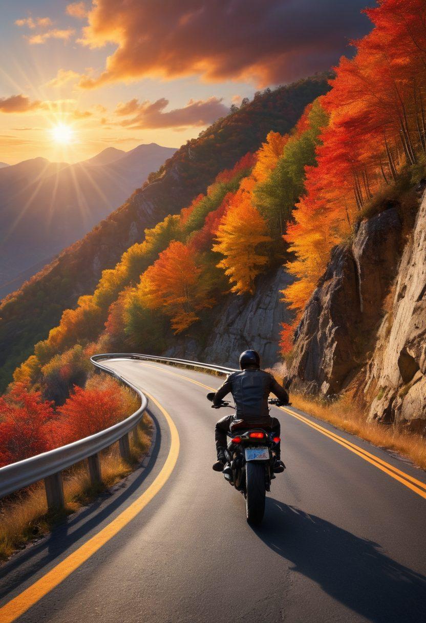 A dynamic scene of a motorcyclist navigating a winding mountain road, showcasing the thrill of the ride. Incorporate vivid colors in the landscape, with hints of autumn foliage framing the road. Include various motorcycle styles in the foreground, emphasizing the diversity and passion of motorcycle culture. The sky should be a captivating sunset, adding warmth and excitement to the atmosphere. super-realistic. vibrant colors. dramatic lighting.