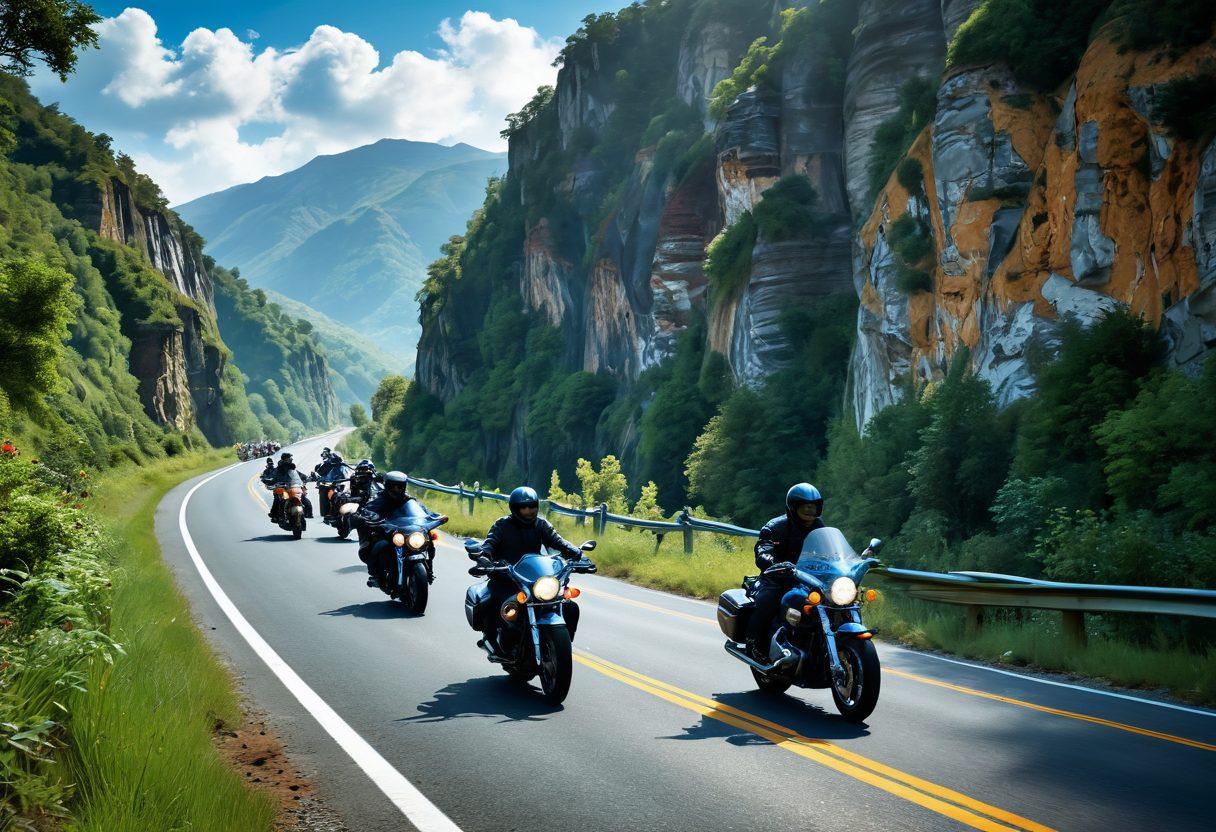 A dynamic scene featuring a diverse group of bikers on their powerful motorcycles, riding through a scenic mountain road surrounded by lush greenery and dramatic cliffs. The sky is a brilliant blue with wispy clouds, while the road meanders into the horizon, symbolizing adventure. Incorporate elements of different biker events, such as flags and gear, to create a vibrant atmosphere. super-realistic. vibrant colors. 3D.